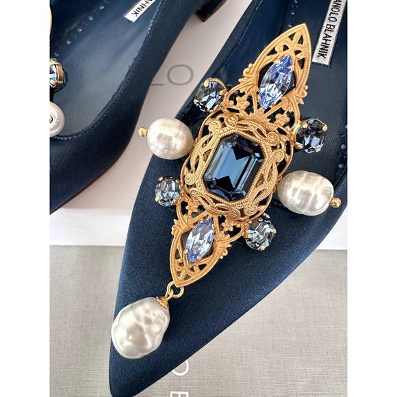 New Manolo Blahnik Ballet Flats Gala Blue Satin Pearls Crystal Embelishment 37 - Picture 2 of 7